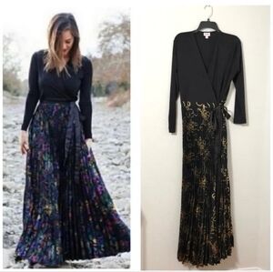 LuLaRoe Elegant DeAnne Black & Gold Print Pleated Long Dress ** Sz S